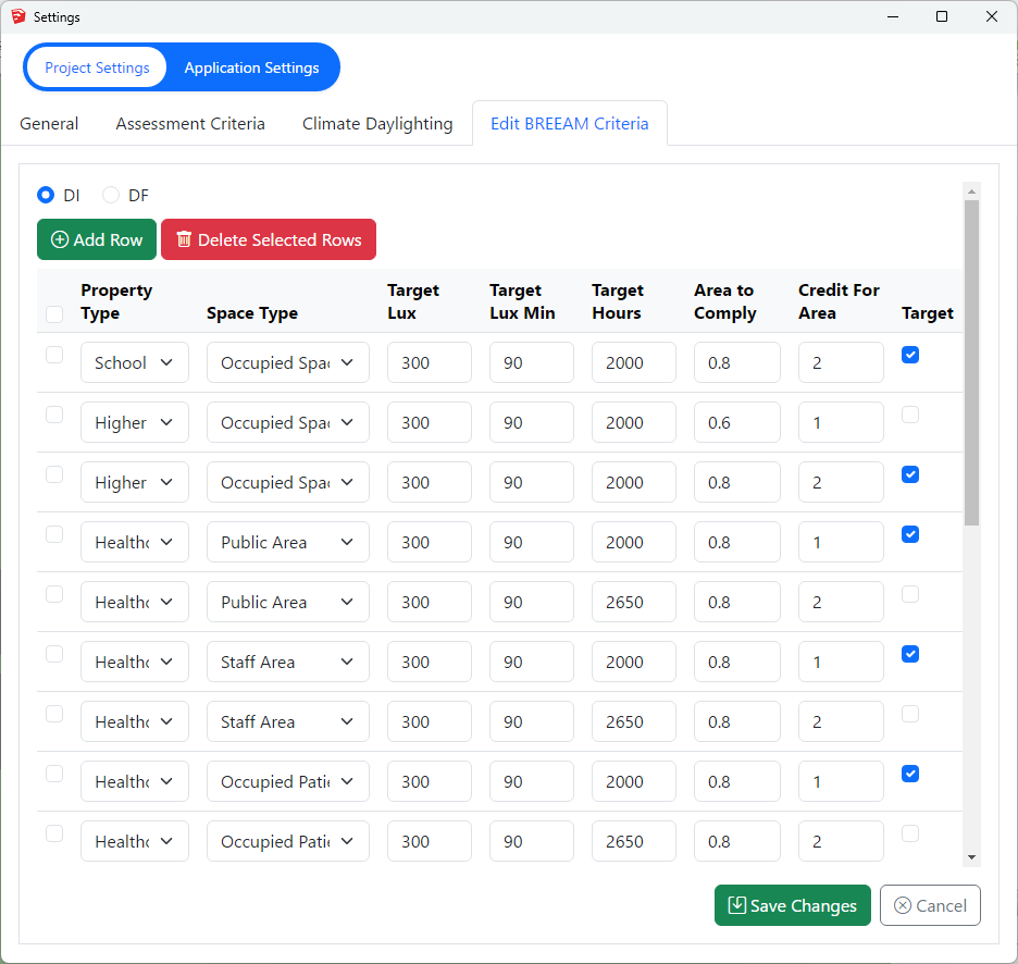 Sketchup BREEAM DI Criteria Settings